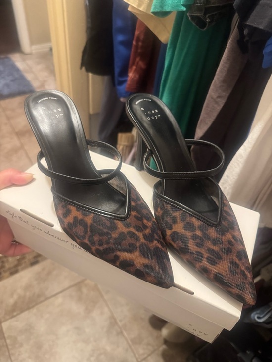 a new day Shoes - a new day Leopard-Print Pointed Toe Mule Heels with Black Straps